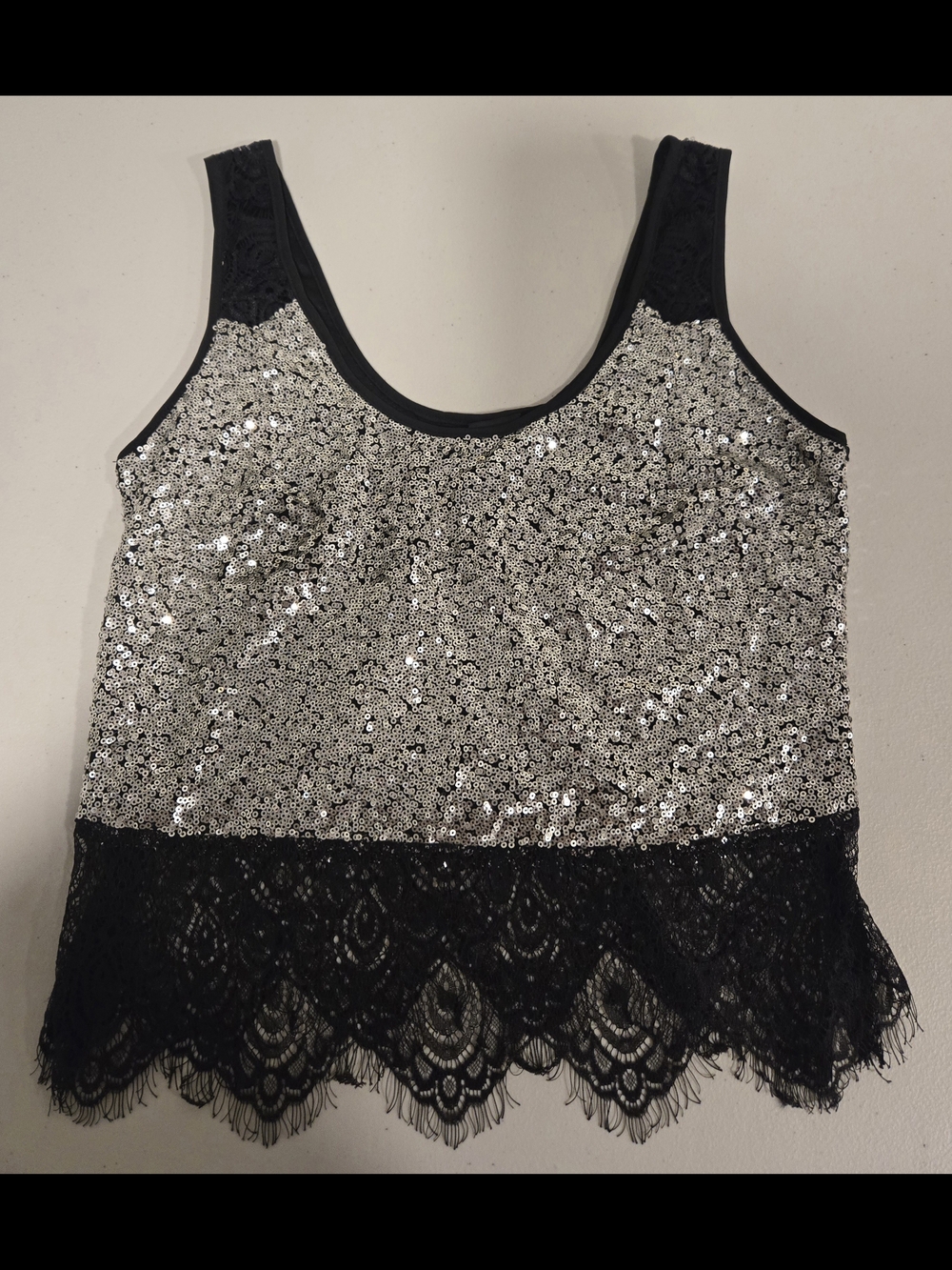 2B Bebe Silver Sequin Tank with Black Lace Hem